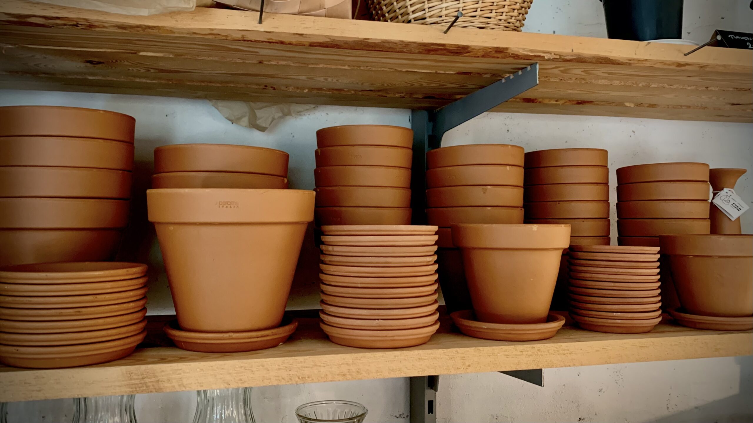 Terracotta pots on wooden shelves.